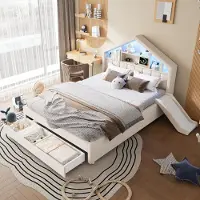 Flieks kinderbed 140x200 cm met glijbaan en leuning, bed met opbergruimte en laadpoort, kinderbed met twee slaapplekken en opbergvakken, fluweel, beige
