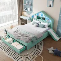 STILVORA kinderbed 140x200 cm met glijbaan en LED-verlichting, hemelbed met laadpoort en plankje aan het hoofdeinde, bed met beklede zijkanten en grote opbergruimte