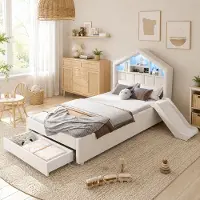 Flieks kinderbed 90x200 cm met glijbaan en ledverlichting, bedhuis met lade en laadpoort, kinderbed met opbergruimte, fluweel, beige