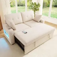 MODFU Slaapbank, 2-zits, Uittrekbare relaxbank met LED-verlichting, USB/Type-C-aansluiting en opbergruimte in de armleuningen, chenille stof, beige, 141,5 x 131 x 83,5 cm
