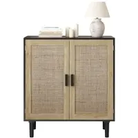 OKWISH Opbergkast – Met Rotan Deuren – 80×40×88 cm – 2 Deuren En 2 Open Vakken – Voor Woonkamer Eetkamer Of Hal – MDF Zwart