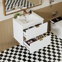 OKWISH wandgemonteerde wastafelonderkast met 2 stille lades, geïntegreerde wastafel, modern design, wit