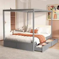 Merax hemelbed 140x200 cm met 2 grote lades, kinderbed met gestoffeerde rugleuning, tweepersoonsbed met tentstructuur en opbergruimte, grijs