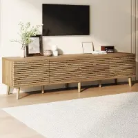 MODFU TV-kast voor 75-inch televisie, TV-meubel 180 x 40 x 46 cm, TV-kast met 4 deuren met lamellen en 6 vakken, TV-bank met houtlook en hoge poten