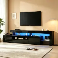 MODFU TV-kast, 192 x 37 x 53 cm, laag tv-meubel voor televisies tot 85 inch, zwarte tv-kast met LED-verlichting, glanzende voorzijde en 3 draaideuren