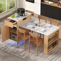 Flieks Uittrekbare eettafel met inklapbaar tafelblad, wielen, eettafel met stopcontacten en haken, bar tafel voor keuken of eetkamer, natuurlijke stijl