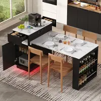 Flieks Uittrekbare eettafel met inklapbaar tafelblad, wielen, eettafel met stopcontacten en haken, bar tafel voor keuken of eetkamer, zwart