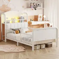 Flieks kinderbed, 90x200 cm, met ledikant, metalen eenpersoonsbed met opbergruimte, metalen kinderbed met valbeveiliging en lattenbodem, klassiek model, wit