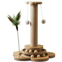 Famanu 4-in-1 interactief katten speelgoed - Krabpaal met houten speelbaan en sisalbal