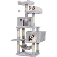 Famanu kraboom voor grote katten - stabiel, bekleed met sisal, met 2 grote huisjes, 2 plateaus - lichtgrijs