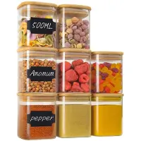 Famanu – Set van 8 glazen voorraadpotten van 500 ml met vierkante houten deksels, stapelbare containers voor kruiden en keukenopslag