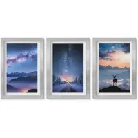 Wallfluent 3-Delige Schilderij Set - Nachtelijke Hemel, Berglandschappen In De Mist En Herten - 20 x 30 cm - Wanddecoratie - Woonkamer Decoratie - Moderne Wanddecoratie