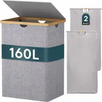 Omnia Wasmand met Deksel 160 Liter – Dubbele Wasmand met 2 Vakken – Uitneembare Waszakken – Opvouwbare Wassorteerder met Bamboe Handgrepen – Grijs