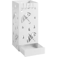Famanu – Vierkante paraplustandaard van metaal, parapluhouder met afneembare wateropvangbak en 4 haken, 20 x 49 x 20 cm in wit