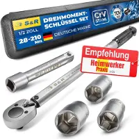 S&R momentsleutelset, 1/2 inch, voor auto's, 28-210 Nm, momentsleutel voor motorfietsen, 475 mm, verlengstuk 125 mm, 3 doppen: 17, 19, 21 mm; autobandenmoersleutel, GS-certificering, breekvaste doppen