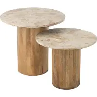 Jline bijzettafel Rond Marmer - hout - beige/bruin - set van 2