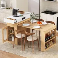 Great han Mobiel keukenblok, naturel kleur, met wielen, uitschuifbare eettafel met inklapbaar blad, bar met stopcontacten en haken, te gebruiken als aanrecht of dressoir