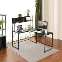 Famanu Bureau Modern, Minimalistisch - L-vormig bureau met metalen planken, 138 x 110 x 75-135 cm