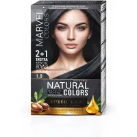 Marvel Natural Colors 1.0 Natural Black Permanente Creme Haarverf 2+1 Extra Set met Argan- en Olijfolie Extract, Inclusief Oxidatiecrème, Nabehandelingsshampoo en Voedend Haarmasker, 100% Grijsdekking