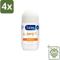 Sanex Deodorant Roller Zero% Sensitive Skin 50 ml - Voordeelverpakking - 4 stuks - Parabenenvrije deodorant - Gevoelige huid