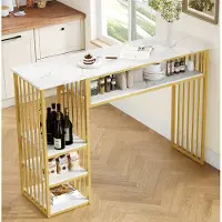STILVORA Bartafel - Met Opbergruimte En Marmerlook Blad - Voor Keuken En Eethoek - Hout En Metaal - 140x40x105 Cm - Wit;Goud