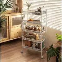 OKWISH Keukentrolley – 5 Draadmanden, 4 Haken, 4 Wielen En 2 Handgrepen – Voor Keuken En Badkamer – Staal – Wit