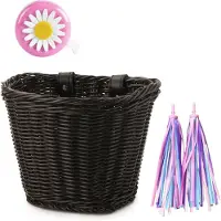 Semoic set rotan fietsmand + bel + kwastje + stickers, verstelbaar, handgeweven, accessoires voor volwassen fietssturen, zwart