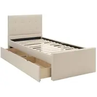 Homestyle4u gestoffeerd bed 90x200 met lattenbodem, beige, eenpersoonsbed, bedframe, 2-delige set, nachtkastjes, opbergruimte, lades