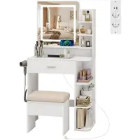 Puluomis - Kaptafel - Make-uptafel - Kaptafel met spiegel en ledverlichting - Make-upstoel - 1 grote lade - Oplaadstation - Föhnhouder - Open schappen - Wit