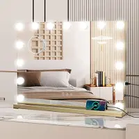 Puluomis make-upspiegel Hollywood, 58x45 cm, met verlichting. Make-upspiegel met 15 LED-lampen, 3 kleuren, dimbaar, met USB-aansluiting, 10x vergroting, spiegel, wandspiegel, goudkleurig