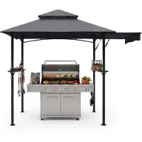 Costway grillpaviljoen met uitschuifbare zijschermen, 2 zijplanken en 8 haken. Het paviljoen is weerbestendig en biedt een overkapping voor de barbecue. Afmetingen: 247x150x254 cm