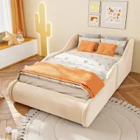 Flieks kinderbed, 90x200 cm, met valbeveiliging, gestoffeerd bed met bodemframe en hoofdeinde, gestoffeerd eenpersoonsbed van hout met fluwelen bekleding, beige