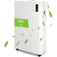 Puluomis mobiele luchtontvochtiger, elektrische luchtontvochtiger, 20 liter per dag, tankinhoud 6,5 liter, met timer, 1 meter afvoerslang, compressor R290, voor woonkamer, wit
