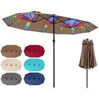 Costway Dubbele parasol, 440x260 cm, terrasparasol met handkurbel, LED-zonne-energieverlichting, 12 lichtmodi en 2 oplaadmogelijkheden, tuinparasol/marktkraam, kleur: kaki