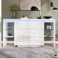 Flieks commode met 6 lades, dressoir voor de woonkamer met 4 glazen plateaus, servieskast met LED-verlichting, bijzettafel in hoogglans, 155x40x80 cm, wit