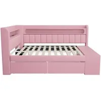 OKWISH Gestoffeerd Bed 90x200 cm - Met USB En Ledverlichting - Met Schoenenkast En 2 Laden - Zonder Matras - Roze