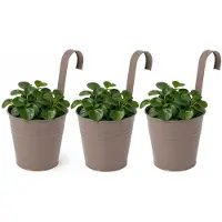 Pro Garden Progarden Bloempotje met haak - 3x - plantenbak zink met ophanghaak - bruin - 20 x 13 x 26 cm - ophangbaar - Balkon/schutting plantenpot