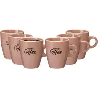 Excellent houseware Siaki koffie kopjes Barista Cafe - 6x stuks - oudroze - 220 ml - mokken - keramiek - 10 cm - met koffie thema teksten