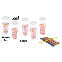 TakeAware 25x Milkshake beker Relax roze 550ml + 25x deksel + 25x rietjes color - Karton - Drinken beker thema feest festival evenement fun diner milkshakebeker