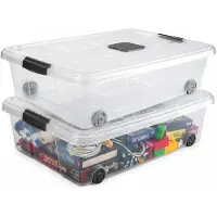 PlasticForte Opslagbox - 2x stuks - met deksel - 31L - 62 x 45 x 18 cm - transparant - opbergbak - met wielen