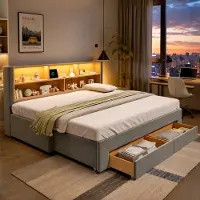 Flieks slaapbank 90x200 cm met uitschuifbed, beklede slaapbank met opbergruimte en 2 lades, jeugdbed van hout met USB- en Type-C-aansluitingen, daybed van fluweel, grijs