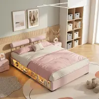 Ulife Kinderbed met LED-plank, tienerbed met opbergruimte, verstelbare hoofdsteunen, ideaal laagbed voor kinderkamers, kleur roze, afmetingen 140x200 cm.