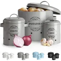Famanu – Set van 3 voorraadpotten voor uien, knoflook en aardappelen, emaille met ventilatiegaten voor optimale opslag en houdbaarheid (Grijs