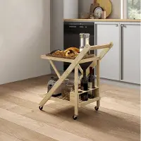 OKWISH Keukenwagen Servierwagen 66 x 40 x 70 cm Met Wijnrek, 2 Etages, Opvouwbaar, Voor Keuken, Woonkamer, Kantoor, Bamboe, Natuurlijk