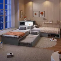 Merax kinderbed 90x200 cm, dagbed met platform, L-vormig met uitschuifbed, opbergruimte met schuifdeuren, LED nachtlampje, tienerbed, grijs