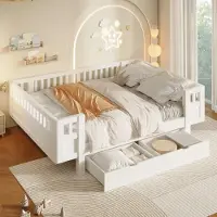 Flieks kinderbed 140x200 cm met 2 lades, houten kinderbed met valbeveiliging en lattenbodem, platformbed met beschermrail, wit