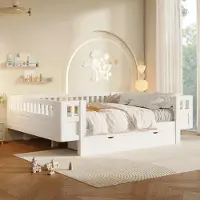Merax kinderbed 140x200 cm, platformbed met hoge beschermingsreling, 2 lades, massief houten opbergbed voor tieners, eenpersoonsbed, wit
