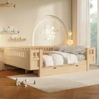 Merax kinderbed 140x200 cm, platformbed met hoge beschermingsreling, 2 lades, massief houten opbergbed voor tieners, eenpersoonsbed, naturel