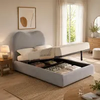 Flieks hydraulisch verstelbaar bed met stoffen bekleding, 90x200 cm, met opbergruimte, kinderbed, éénpersoonsbed met gestoffeerd hoofdeinde, bed met opbergruimte, linnen, grijs