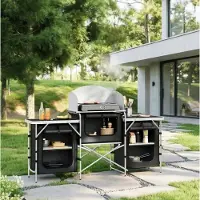OKWISH Camping Keukenstation – Opvouwbaar – 5 Vakken, 3 Werkvlakken & 2 Zijvakken – Voor Kamperen, Tuin en Barbecue – Aluminium, MDF – Zwart